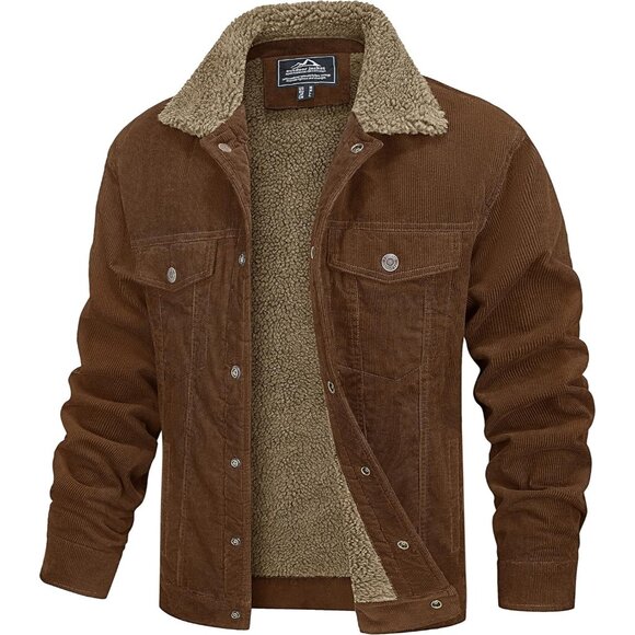 Mens Brown Corduroy Jacket Sherpa Lined Warm Winter Trucker Cargo Coat - Picture 1 of 7